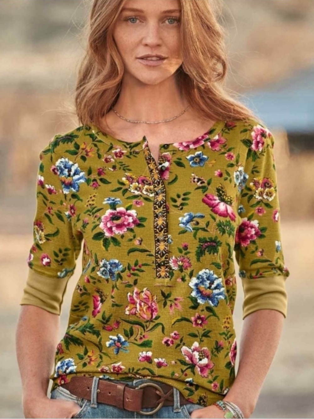 NEW Sundance Haven Floral Embroidered Henley Waffle Top Mustard Yellow Small